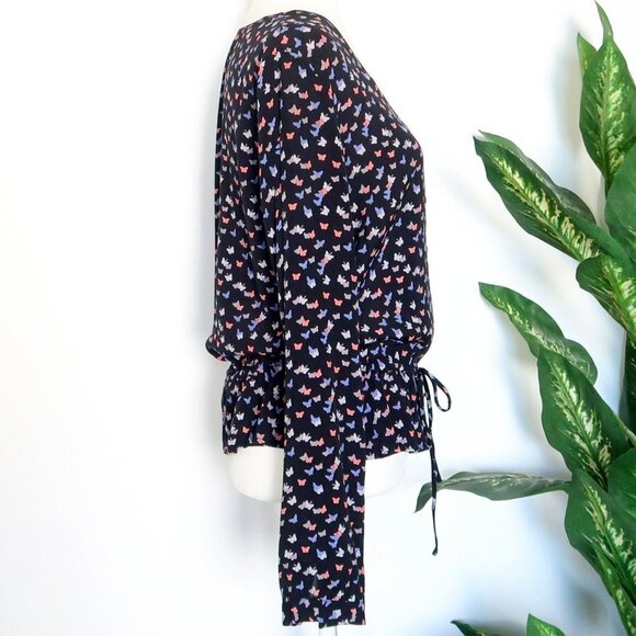 Rails Black Butterfly Print V-neck Button Front Waist Tie Peplum Blouse Top M - Picture 9 of 14